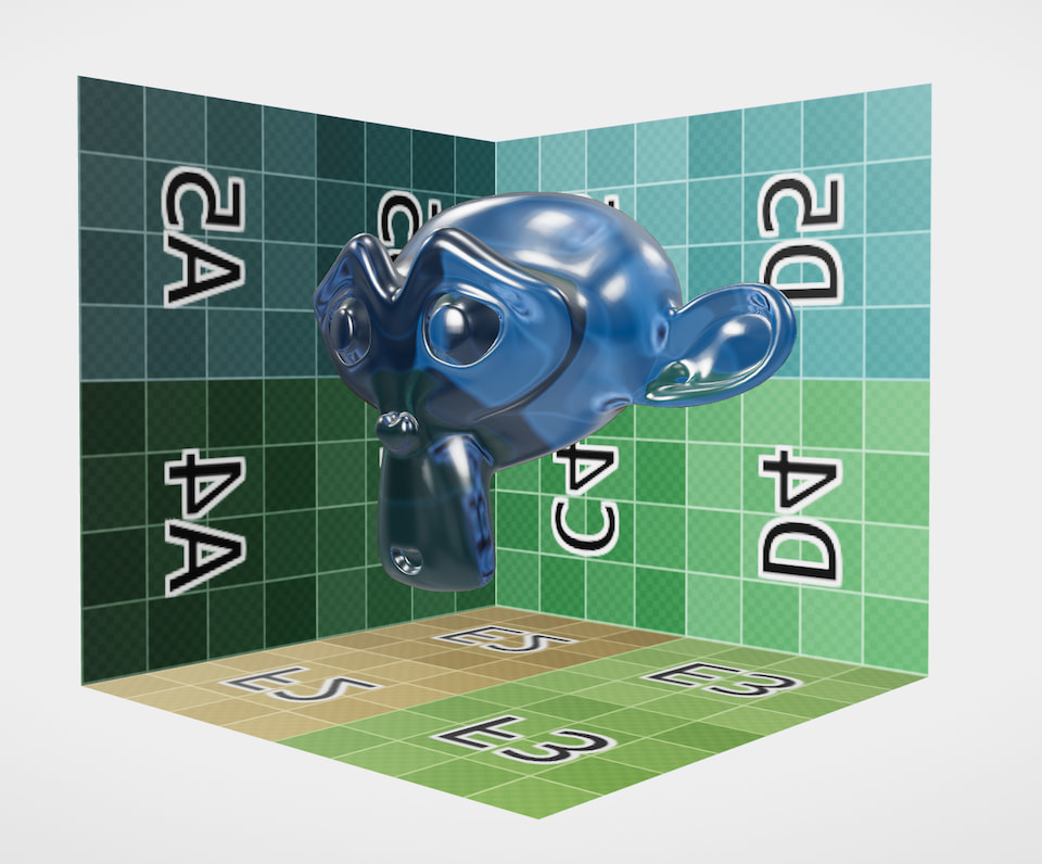Classic 'Suzanne' monkey head, inside a textured box. Head shows glass-like transmission and refraction, with blue attenuation of transmitted light.