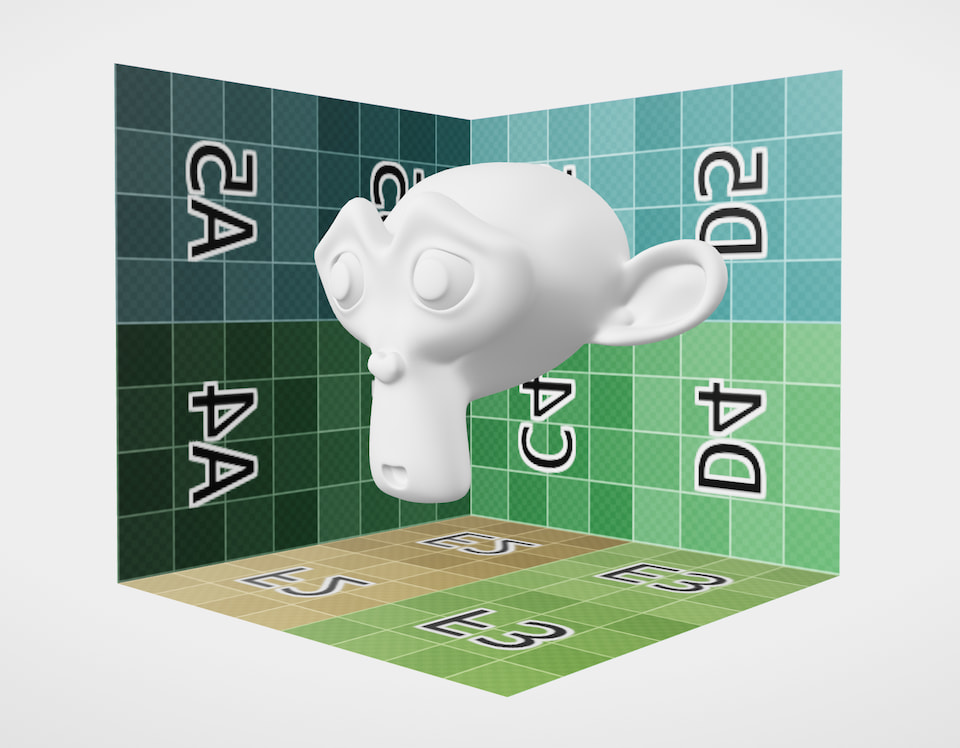 Classic 'Suzanne' monkey head, inside a textured box. Head is opaque off-white.