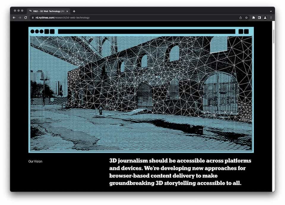 Screenshot of the R&D NYTimes webpage, including an abstract 3D visualization and the text, '3D Journalism Should Be Accessible Across Platforms and Devices'.